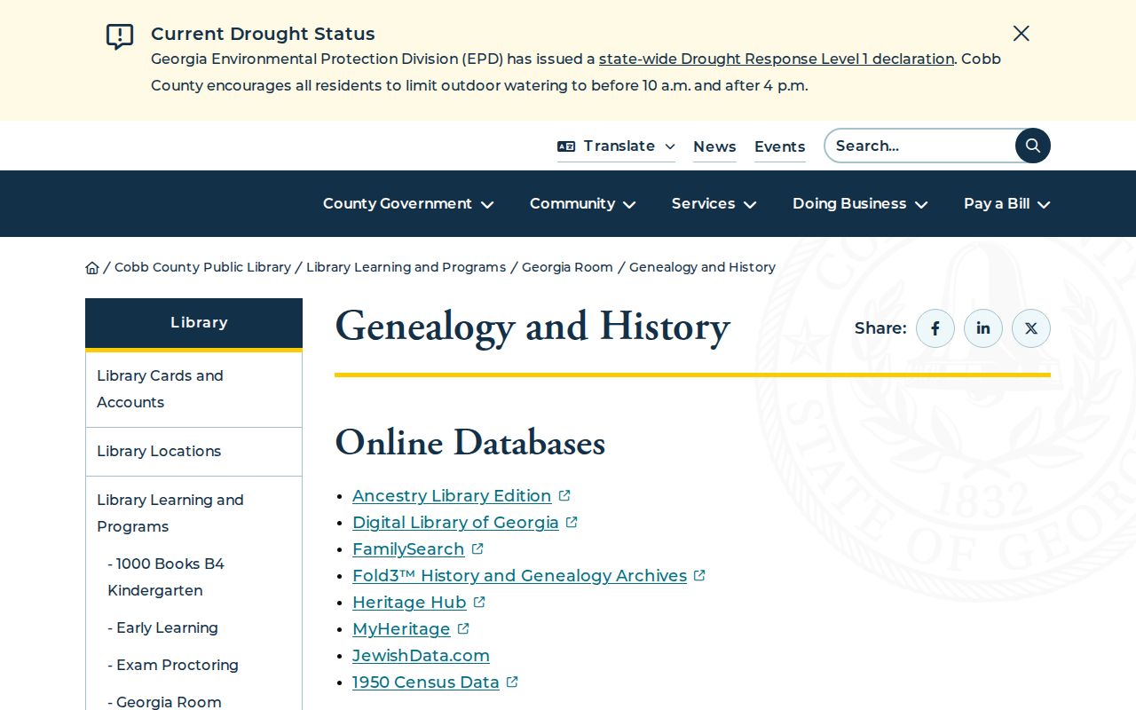 Cobb County people directories screenshot of Georgia Room genealogy resources